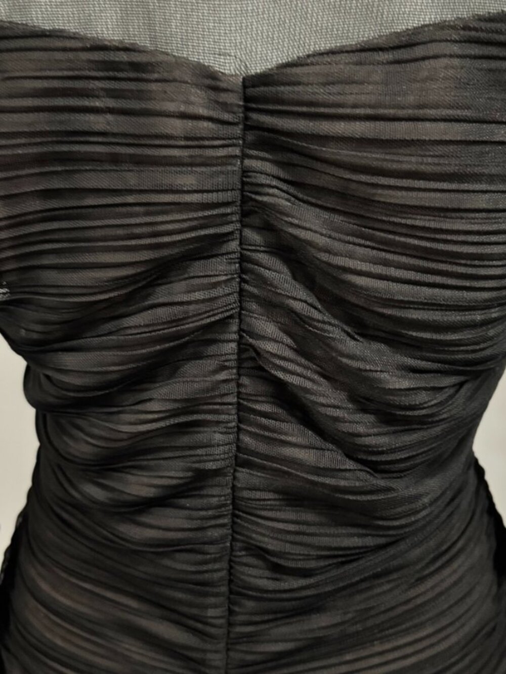 BCBGMAXAZRIA Danika Black Nude Mesh Ruched Dress, Size L, High Quality - Picture 5 of 10